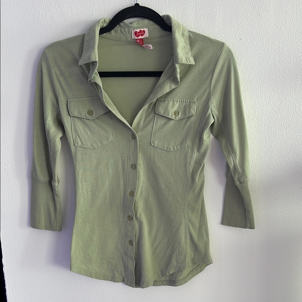 Poof! Green Fitted Button Down Shirt with Notched Collar